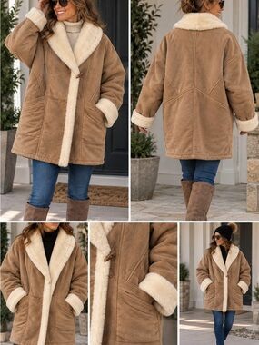 UNISEX Wilsons Leather Women's Tan Coat with Cream Faux-Shearling Trim